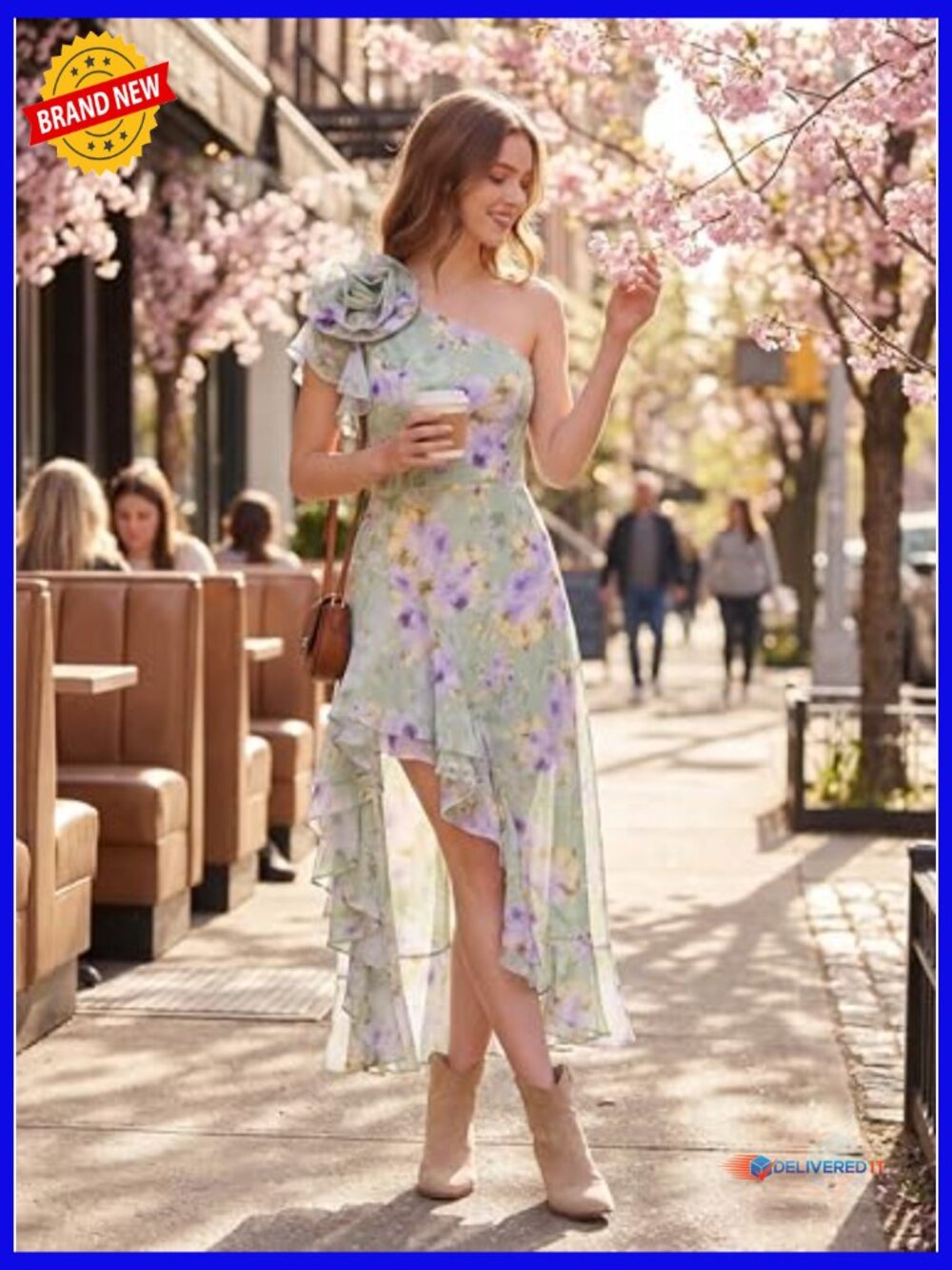 One Shoulder Ruffle Floral Maxi Sundress Wedding Guest Flowy A-Line - Picture 3 of 7